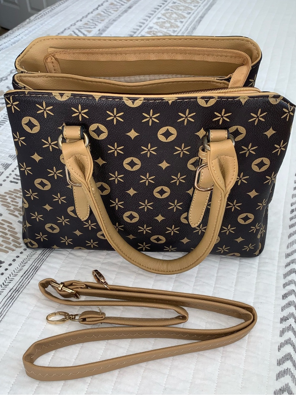 Classic Brown Patterned Satchel with Tan Accents